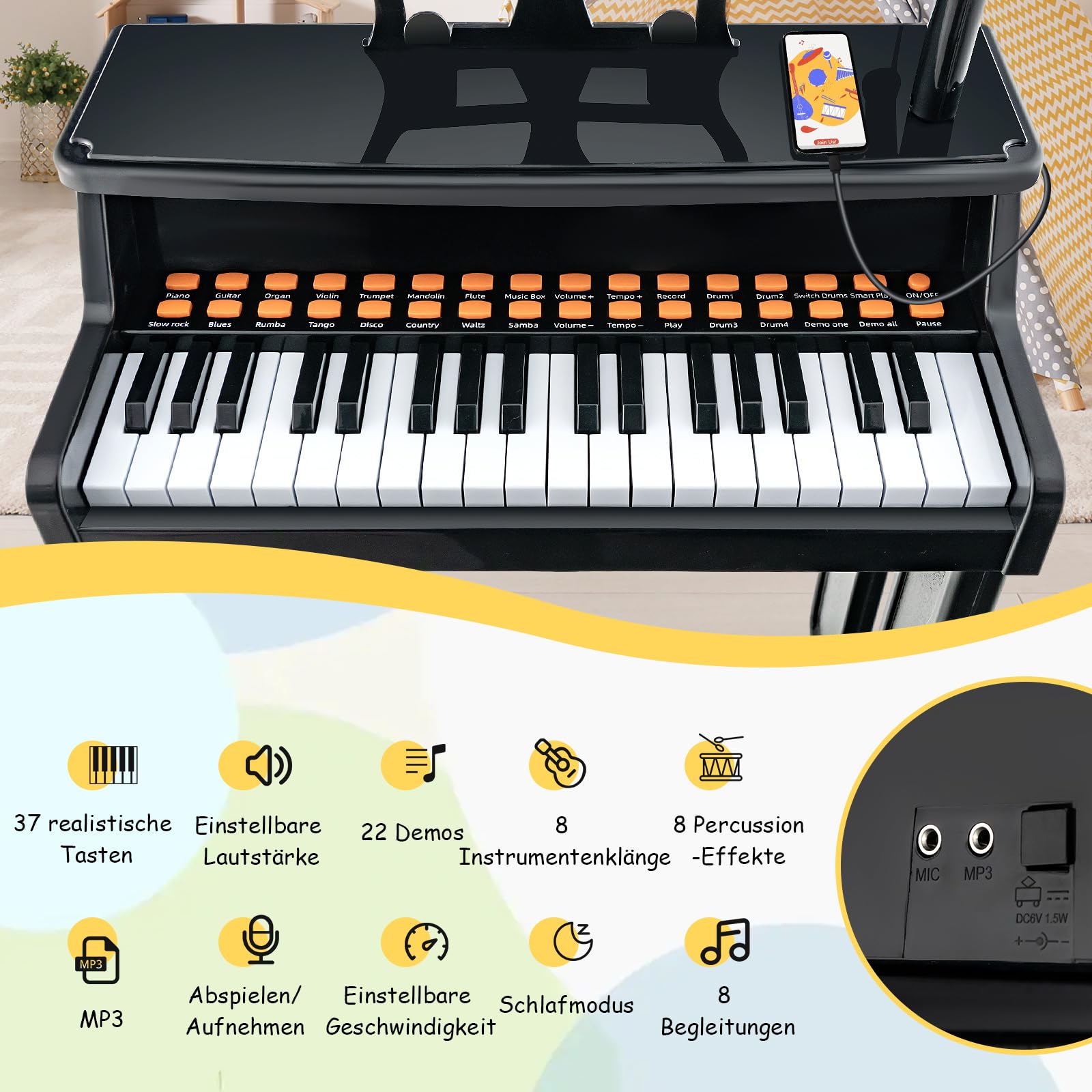 COSTWAY 37-Tasten Kinder Keyboard, elektronisches Kinderklavier mit Hocker, verstellbarem Mikrofon & Notenständer, Kinderpiano Klaviertastatur für Kinder ab 3 Jahren (Schwarz)