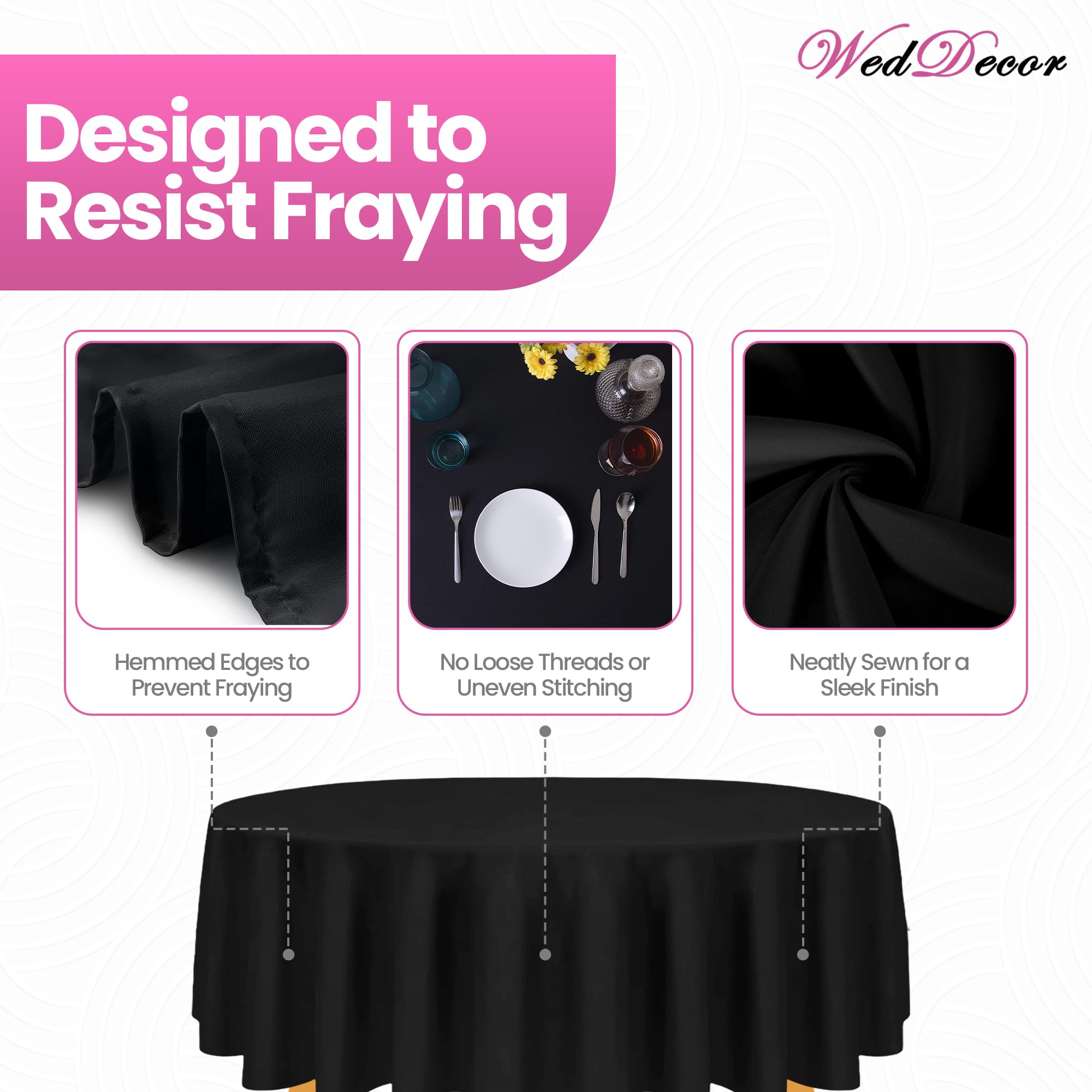 Weddecor Mantel redondo de algodón y poliéster, 120 pulgadas, mantel circular de lino de primera calidad, mantel de tela lavable para bodas, fiestas, mesa de comedor, banquetes, negro, 10 unidades