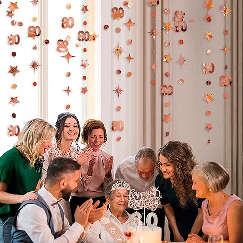 Miniatura 3 de Decoraciones de cumpleaños número 80 de oro rosa con lunares circulares y estrellas parpadeantes guirnalda metálica para colgar en banderines para