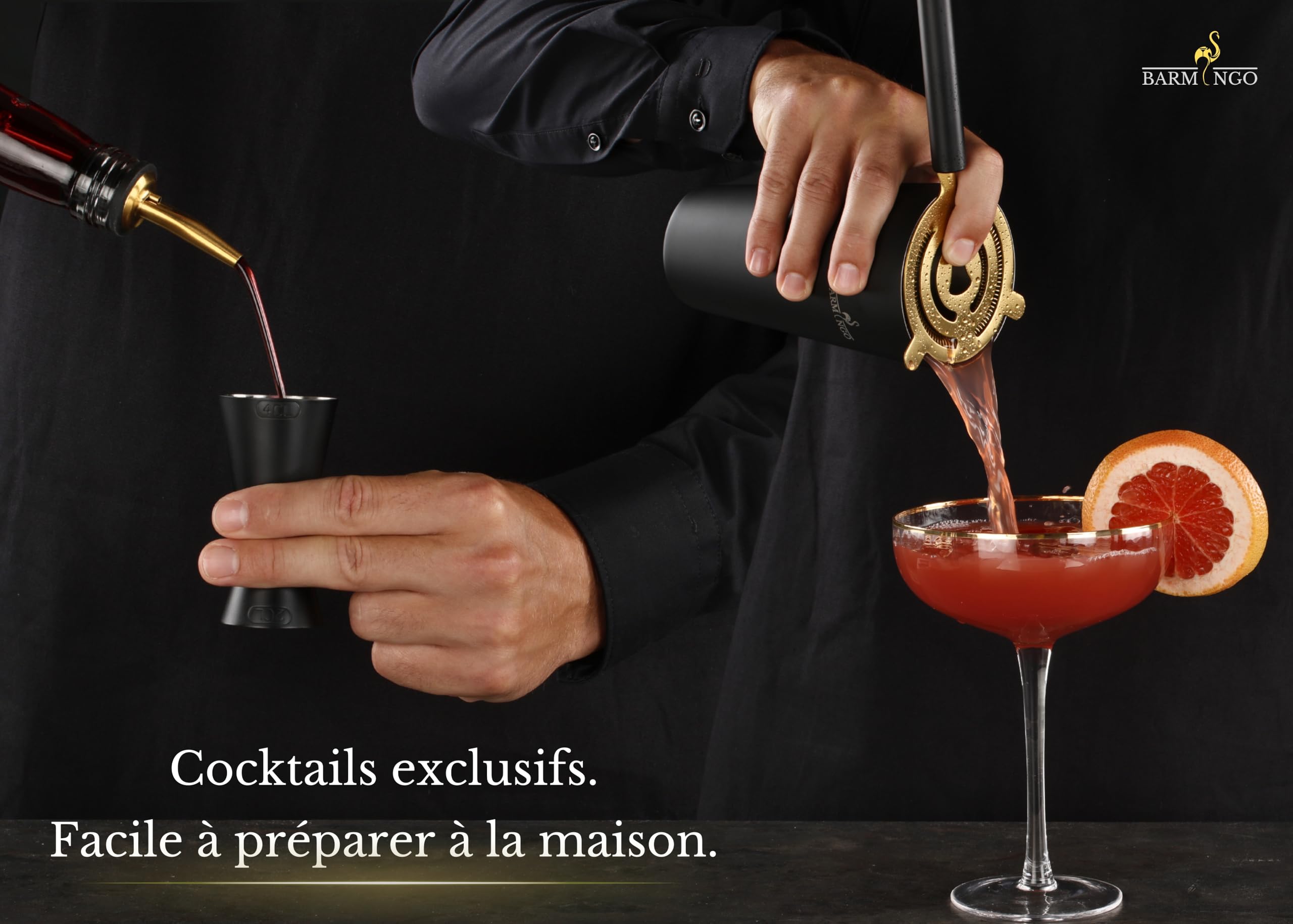Shaker Cocktail Kit | 11 Pièces, Volume de 700 ML, Noir - Or | Shaker Cocktail INOX avec Support et Accessoires de Bar | Set Barman Cocktail Shaker | Kit Cocktail Professionnel