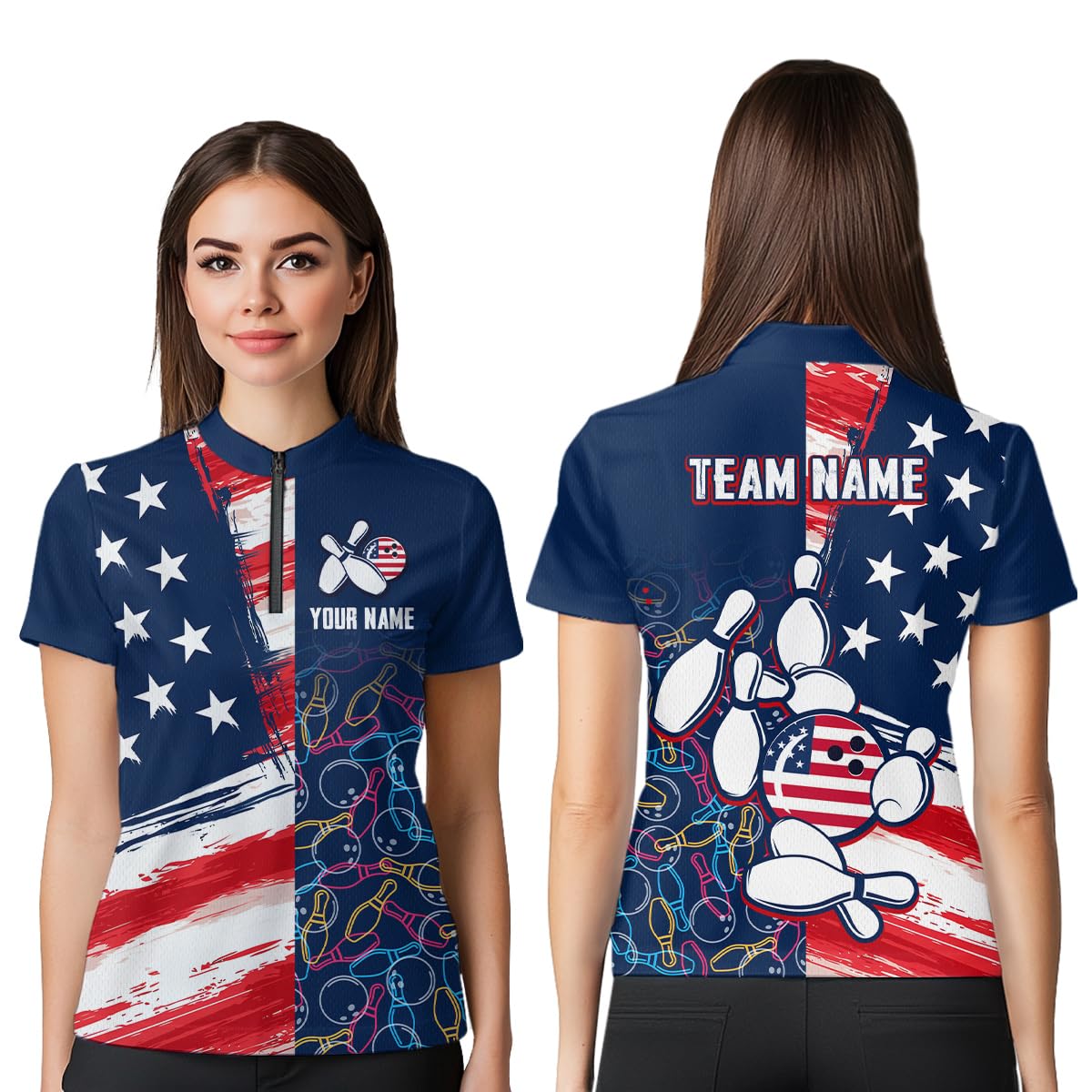 PIONAMZIOZ American Flag Bowling Shirts Custom Patriotic Bowling Polo Shirt for Men Women's Bowling 1/4 Zip Shirt (US, Alpha, Small, 5X-Large, Regular, Regular, Women Quarter Zip)