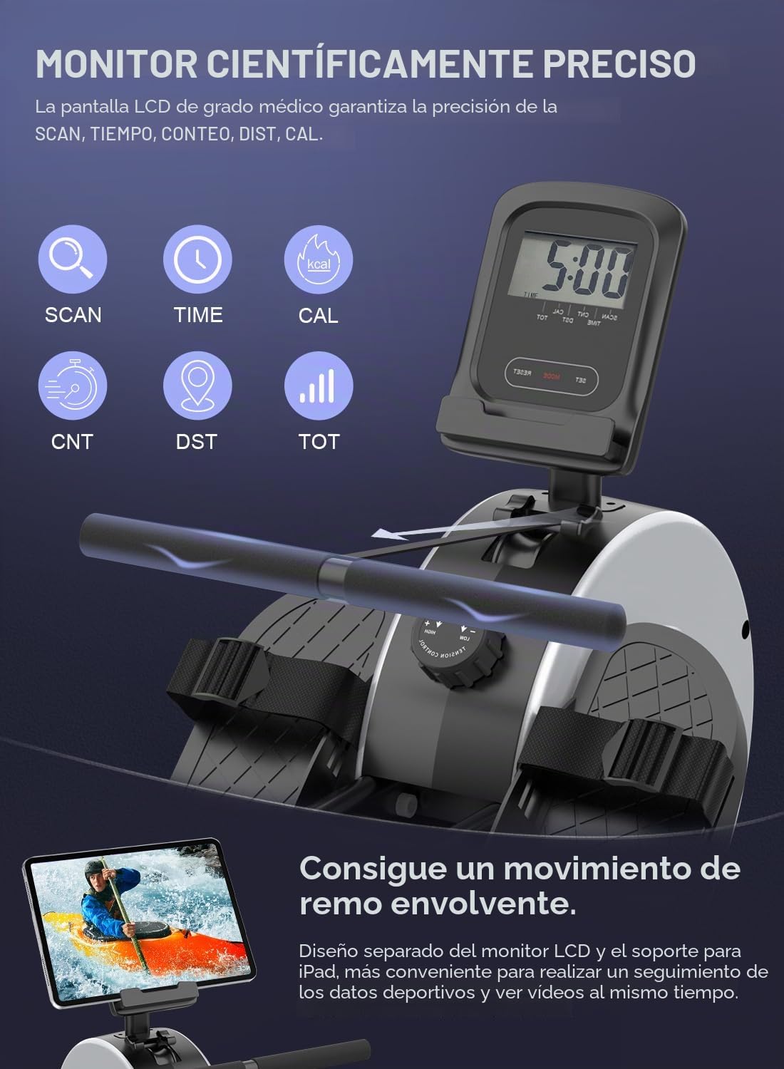 Máquina de Remo Magnética con 16 Niveles de Resistencia Ajustables, Pantalla LCD, Dos Raíles Deslizantes, Almacenamiento Vertical Que Ahorra Espacio, Fácil Montaje