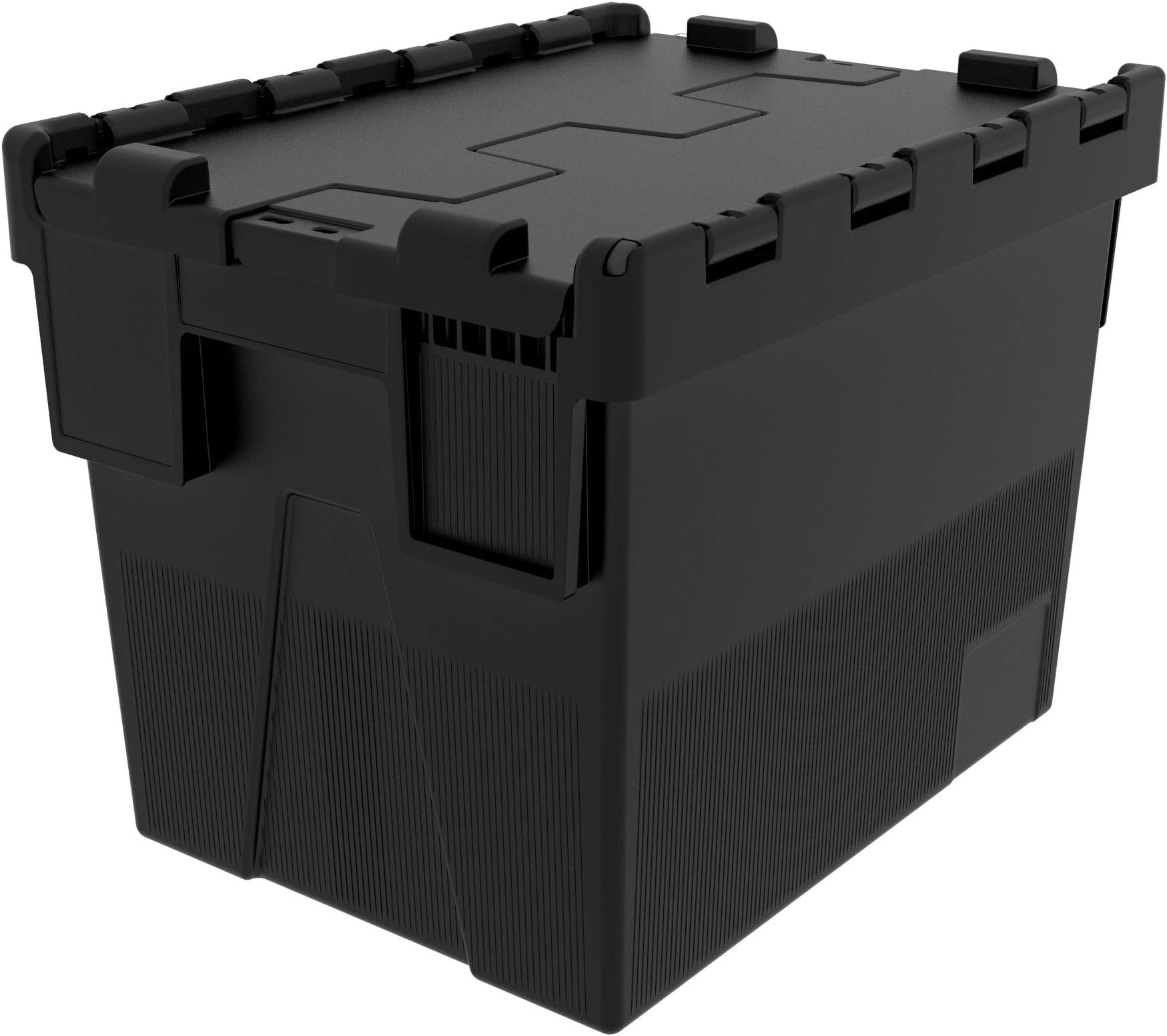 Heavy Duty 100% Recycled Plastic 56 Litre Attached Lidded Container Storage Box Totes (L 400 x W 300 x H 305 mm) Black - Pack of 1