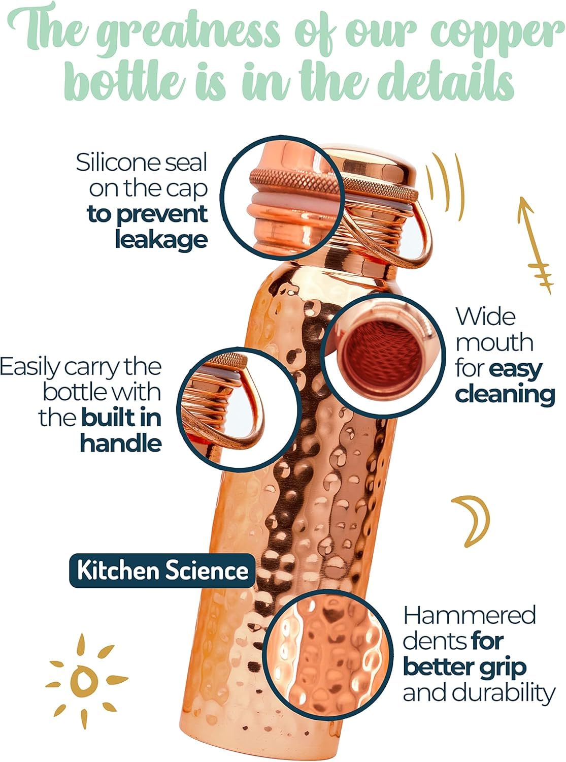Kitchen Science Geschenkset Wasserflasche aus reinem gehämmertem Kupfer, 100 ml, mit Griff, Canvas-Hülle und Schlinge