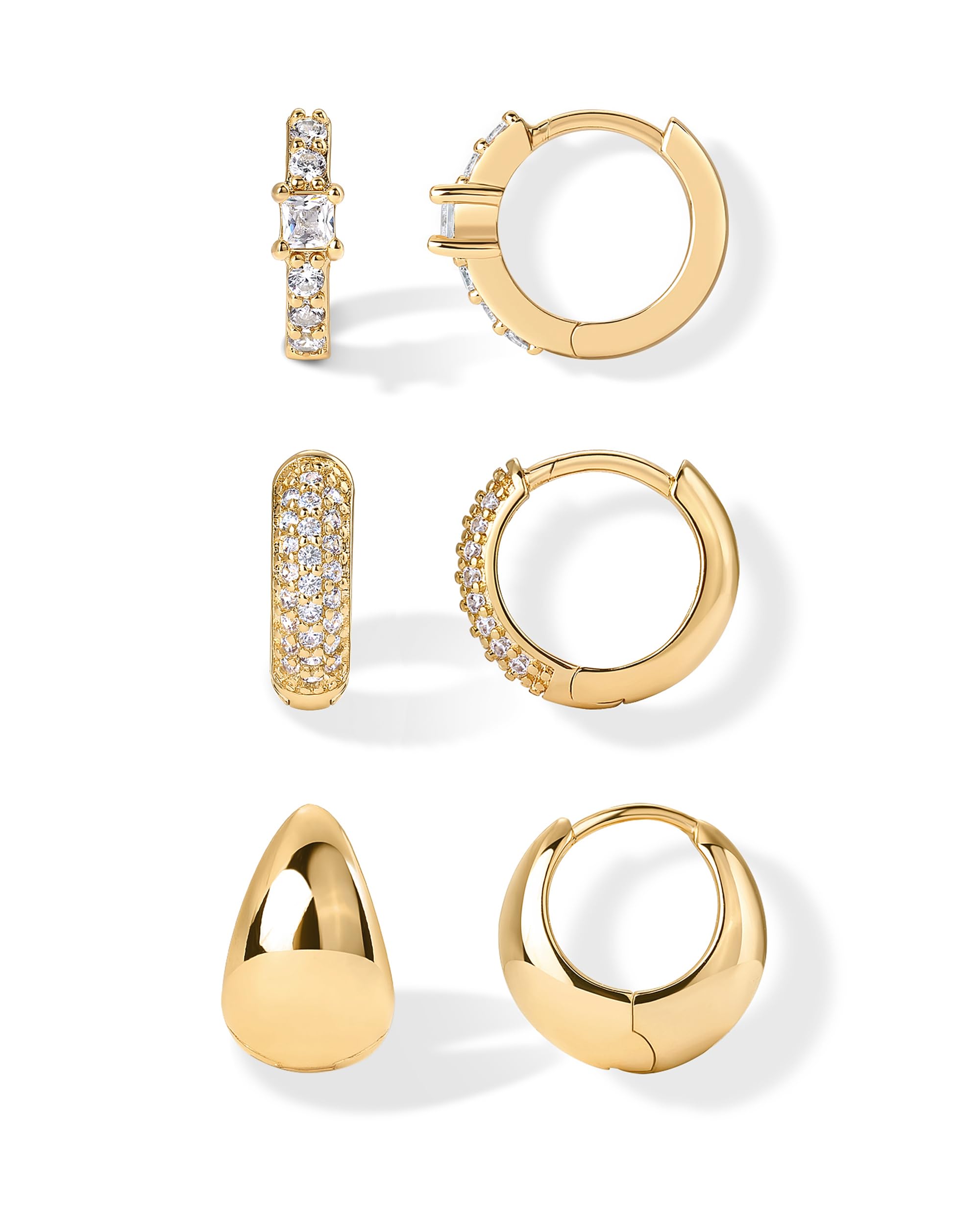 PAVOI 18K Gold Plated 925 Sterling Silver Posts Three Pairs Huggie Hoop Earrings for Women - Triple Gold