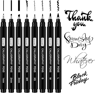 Brusarth 8-Size Calligraphy Brush Pens Set for Beginners - Hand Lettering, Writing, Art Markers Black Ink