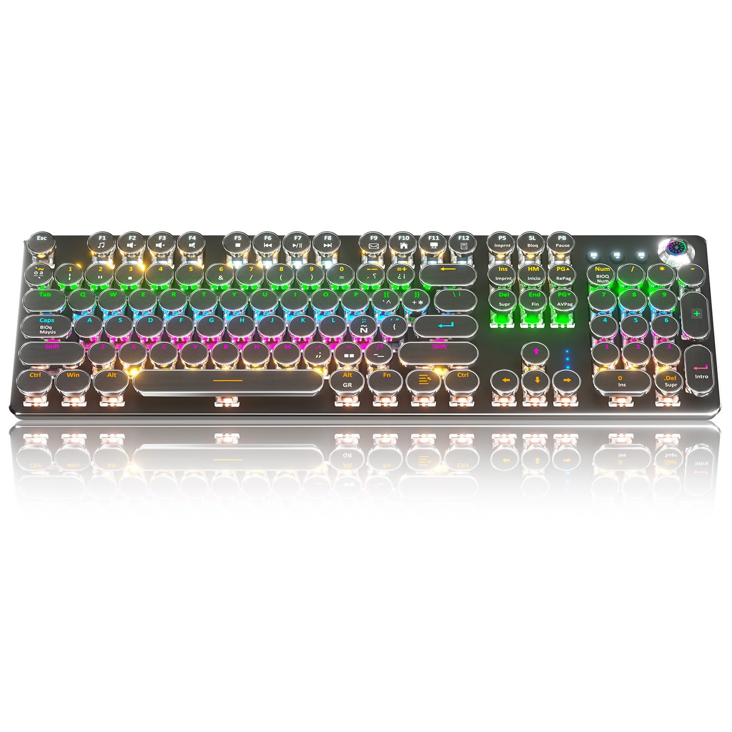 K820 Teclado Mecánico, Teclado Cyberpunk Redondo, Teclado Gaming con ñ Teclas, Retroiluminación LED de Colores y Controles Multimedia, Gran Sensación