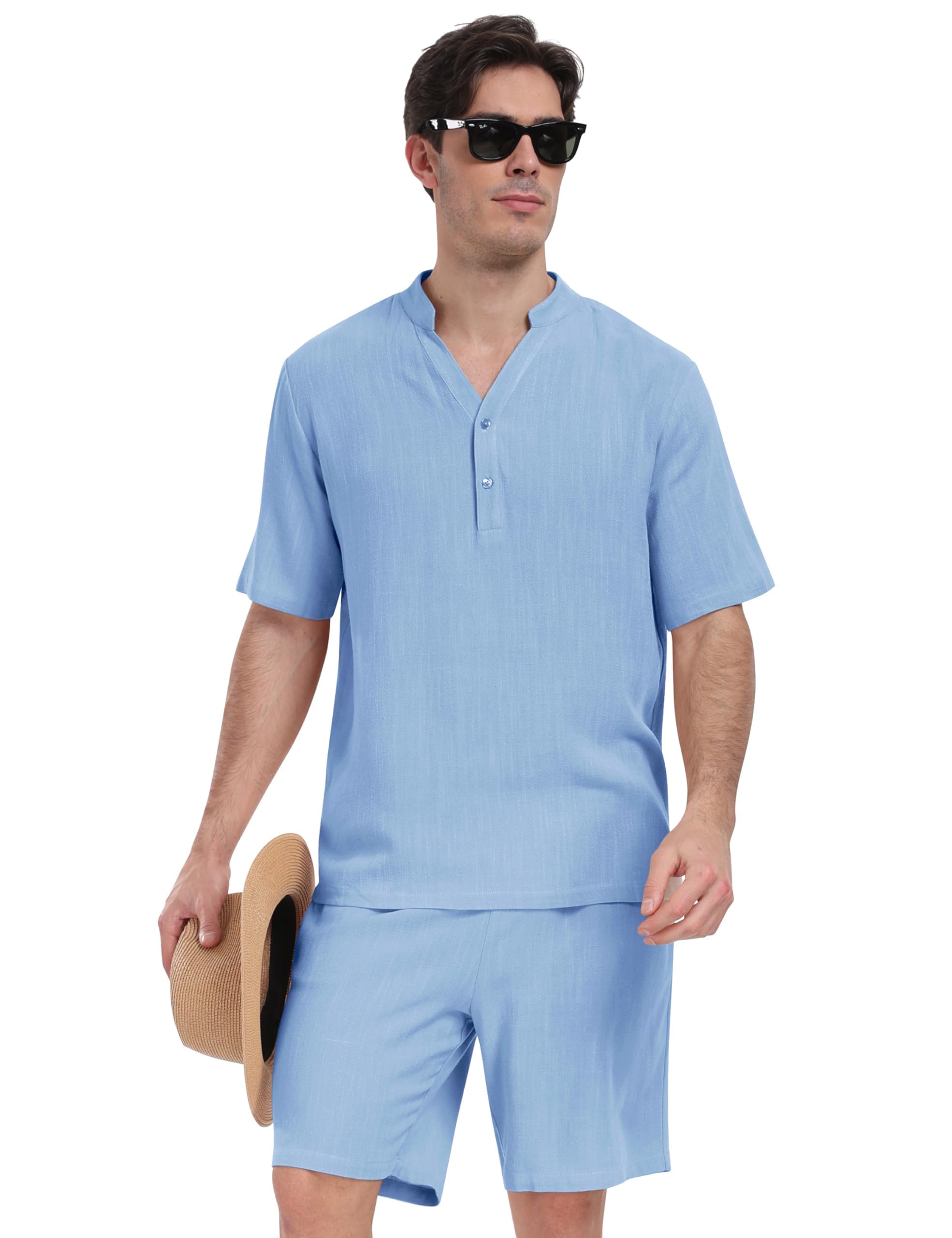 MoFiz Conjunto de Camisa y Pantalones Cortos de Algodón y Lino Para Hombre Ropa Casual de Verano Conjunto de 2 Piezas