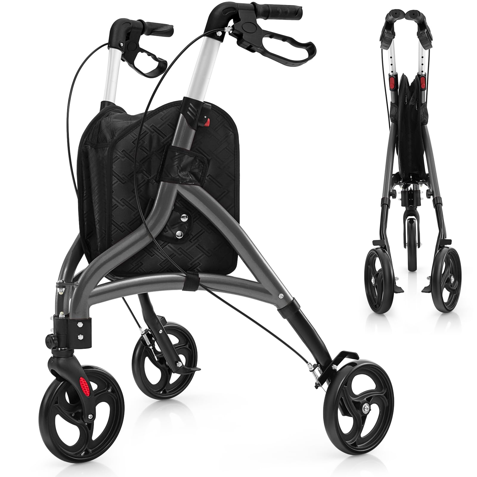 COSTWAY Andador para Ancianos Plegable, Marco de Aluminio Ligero, Caminadores para Mayores con 3 Ruedas, Altura Ajustable y Bolsa de Almacenamiento, Taca Taca Adultos (gris)
