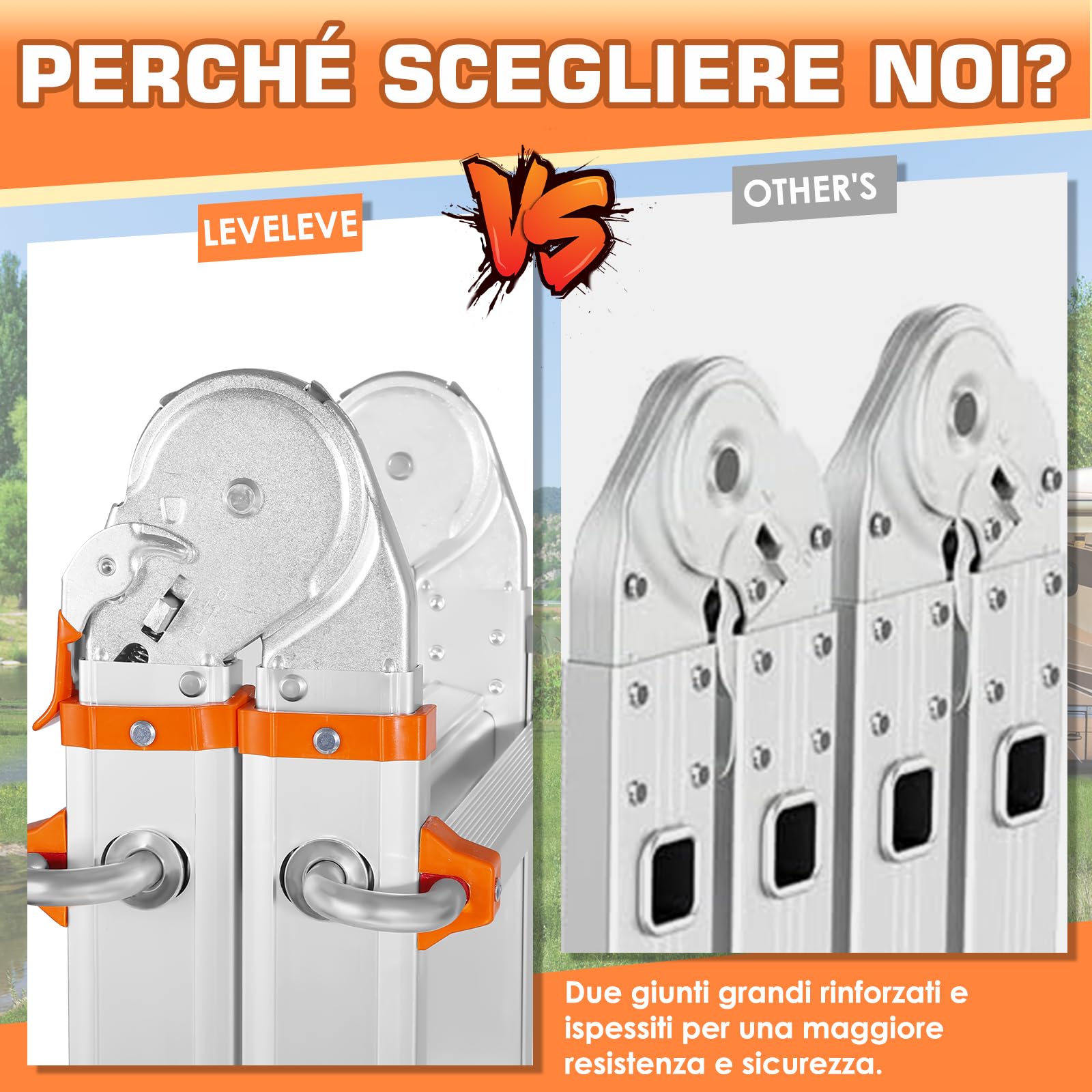 Scala Multiuso a 5 Livelli: Scala a 5 Livelli e Scala Allungabile da 17 Piedi (5,18 m) con Stabilizzatore e Ruote, Portata 150 kg, Sicuro per Scale, per Interni, Esterni e Tetto, in Lega di Alluminio