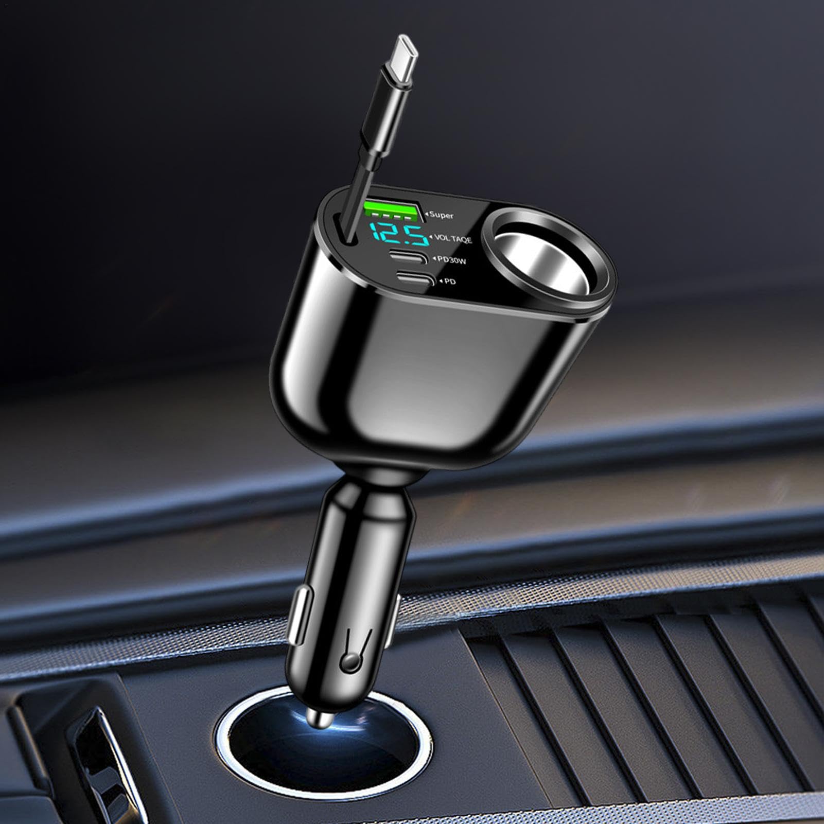 Adattatore per Caricabatteria da Auto, Caricabatteria da Auto USB Rapido | Caricabatterie Automatico per Cellulare con Cavo retrattile | Adattatore per Caricabatterie Automatico Design esterno p