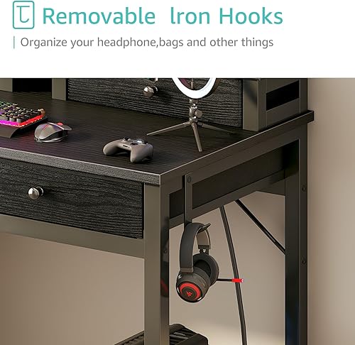 Miniatura 9 de Lufeiya Escritorio pequeño con cajones para oficina en casa, dormitorio, escritorios de estudio negros de 31 pulgadas con cajones de tela, mesa de