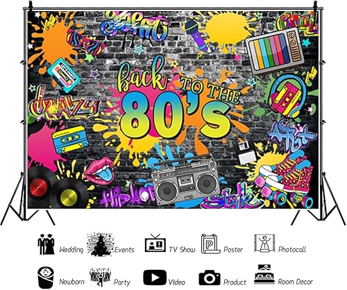 Miniatura 2 de AWERT Fondo de fiesta temática de los años 80 de 10 x 6.5 pies, retro, hip hop, graffiti, pared, radio, TV, disco, fotografía, fondo de regreso a