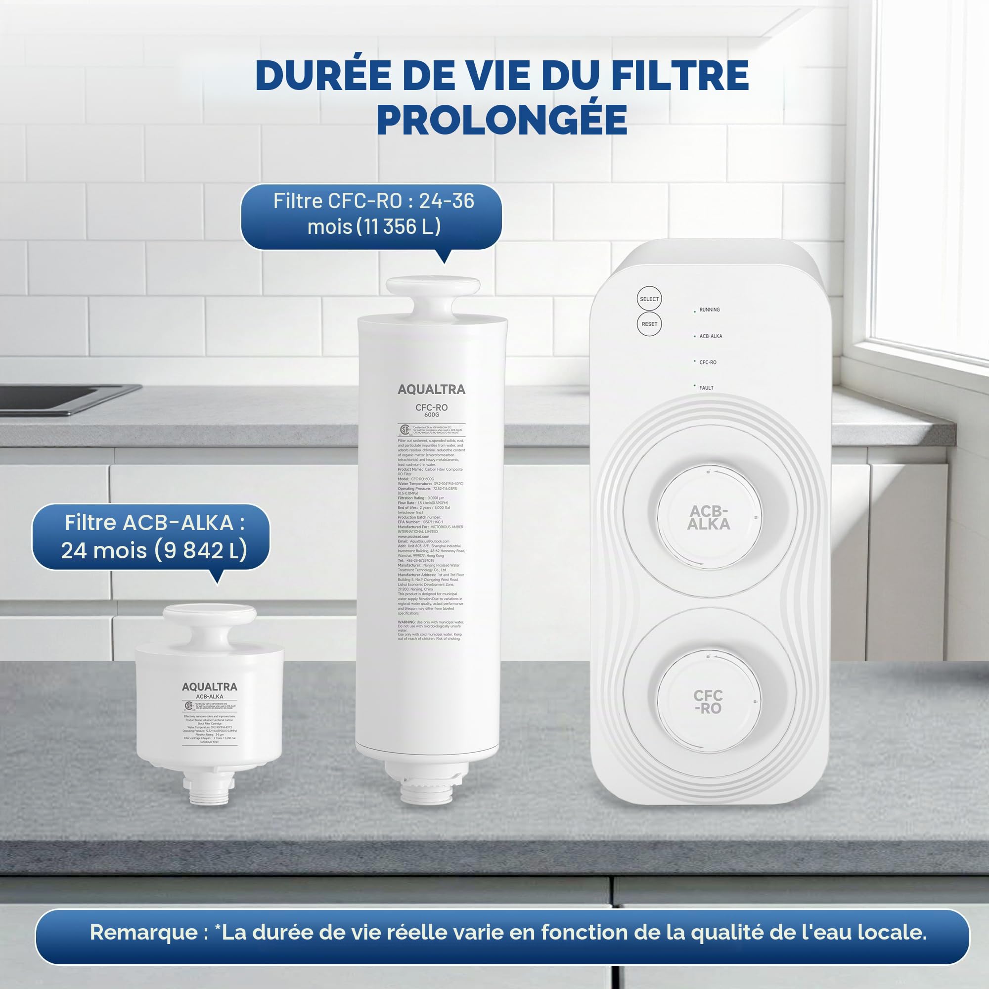 AQUALTRA USF-AR-600 Système d'osmose inverse sous évier, osmoseur alcalin 10 étages sans réservoir, certifié NSF/ANSI/CAN 372, 600 GPD, rapport pur/eaux usées 3:1, robinet LED intelligent