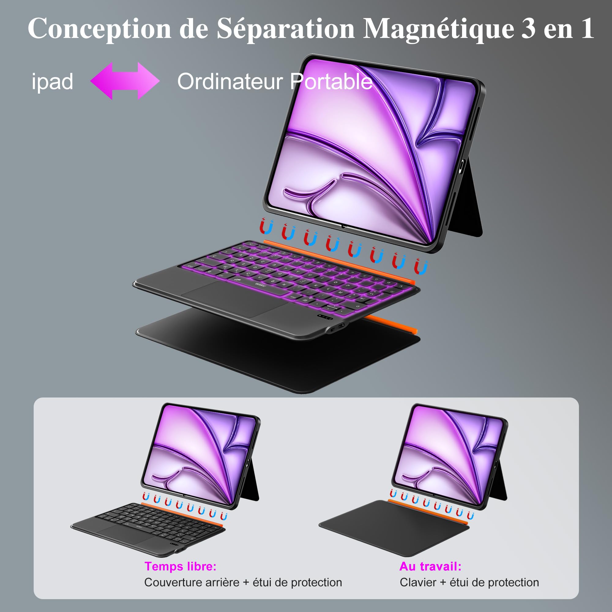 WIWU Clavier iPad Air 13 Pouces M4/M3/M2 Pro 12.9",Étui MagnétiqueDétachable avec Support Réglable 7 Couleurs Rétroéclairées avec Pavé Tactile (Noir, pour Air 13" M4/M3/M2 et Pro 12.9" 6/5/4/3)