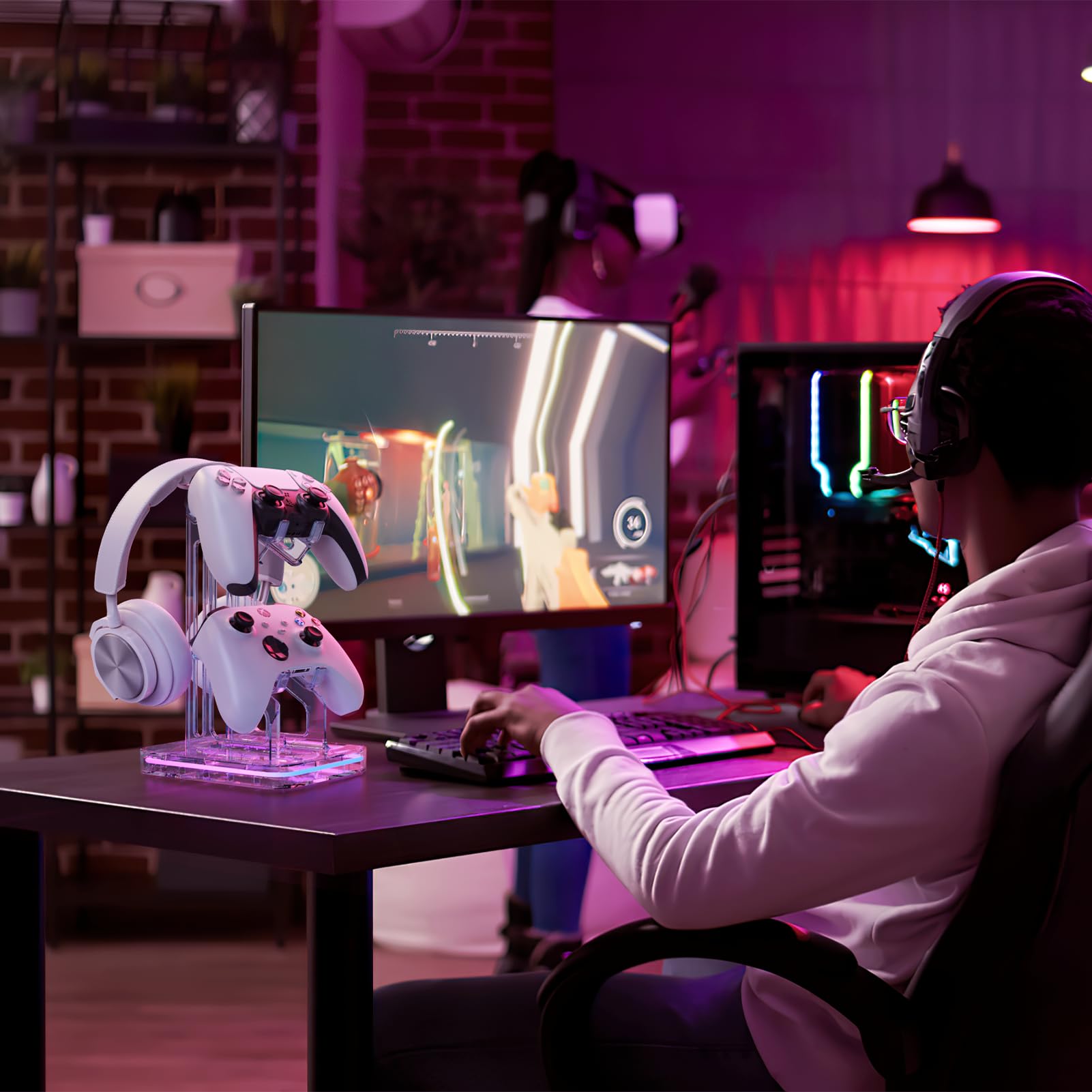 Luckit Soporte para Auriculares RGB con 2 Puertos de Carga USB, Soporte de Controlador Dual con Modos de luz, Accesorios para Colgar Auriculares para Jugadores de Escritorio