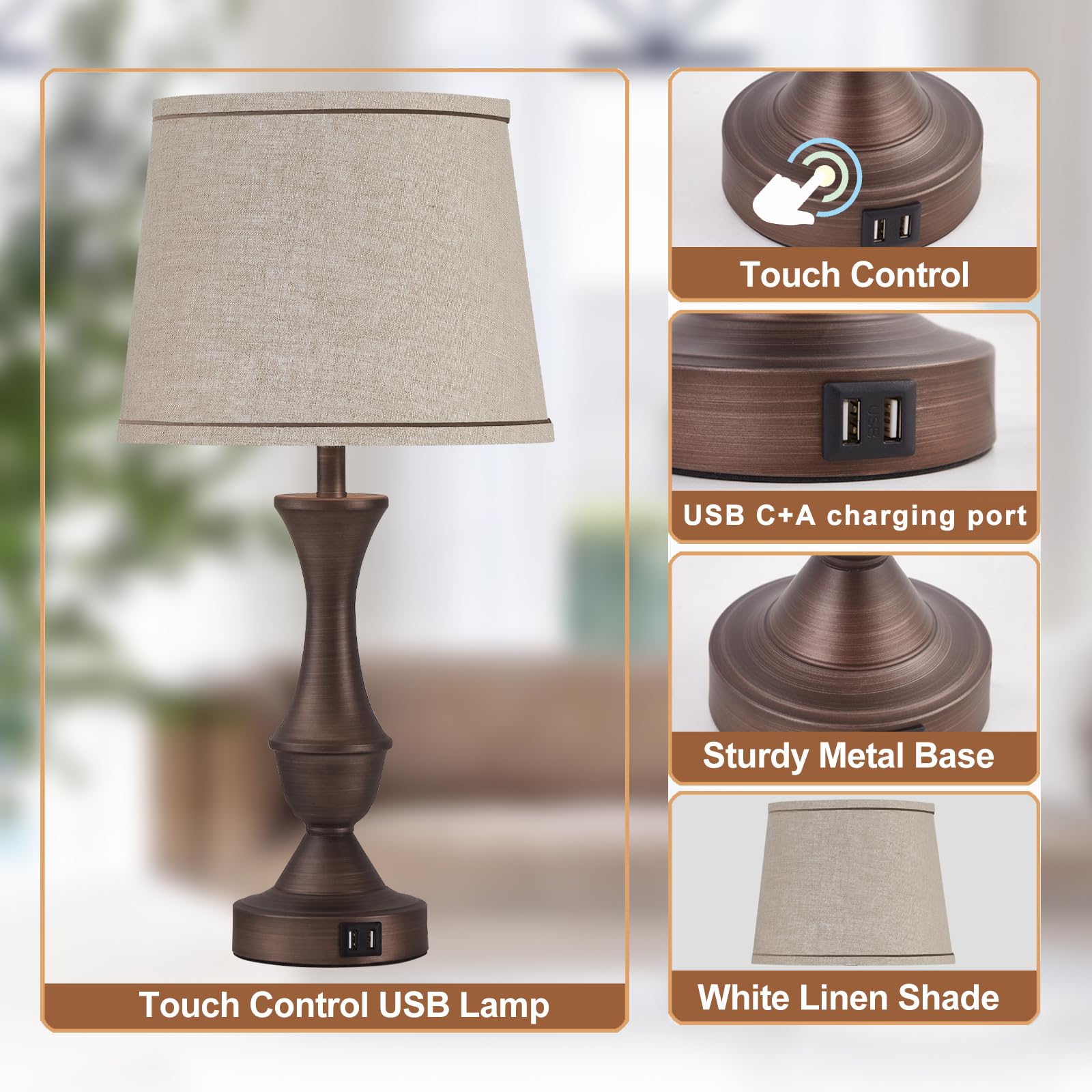 Luvkczc Schlafzimmerlampen für Nachttisch 2er Set, Lampen für Schlafzimmer 2er Set, Nachttisch Touch Lampe mit Dual USB Ladeanschlüssen