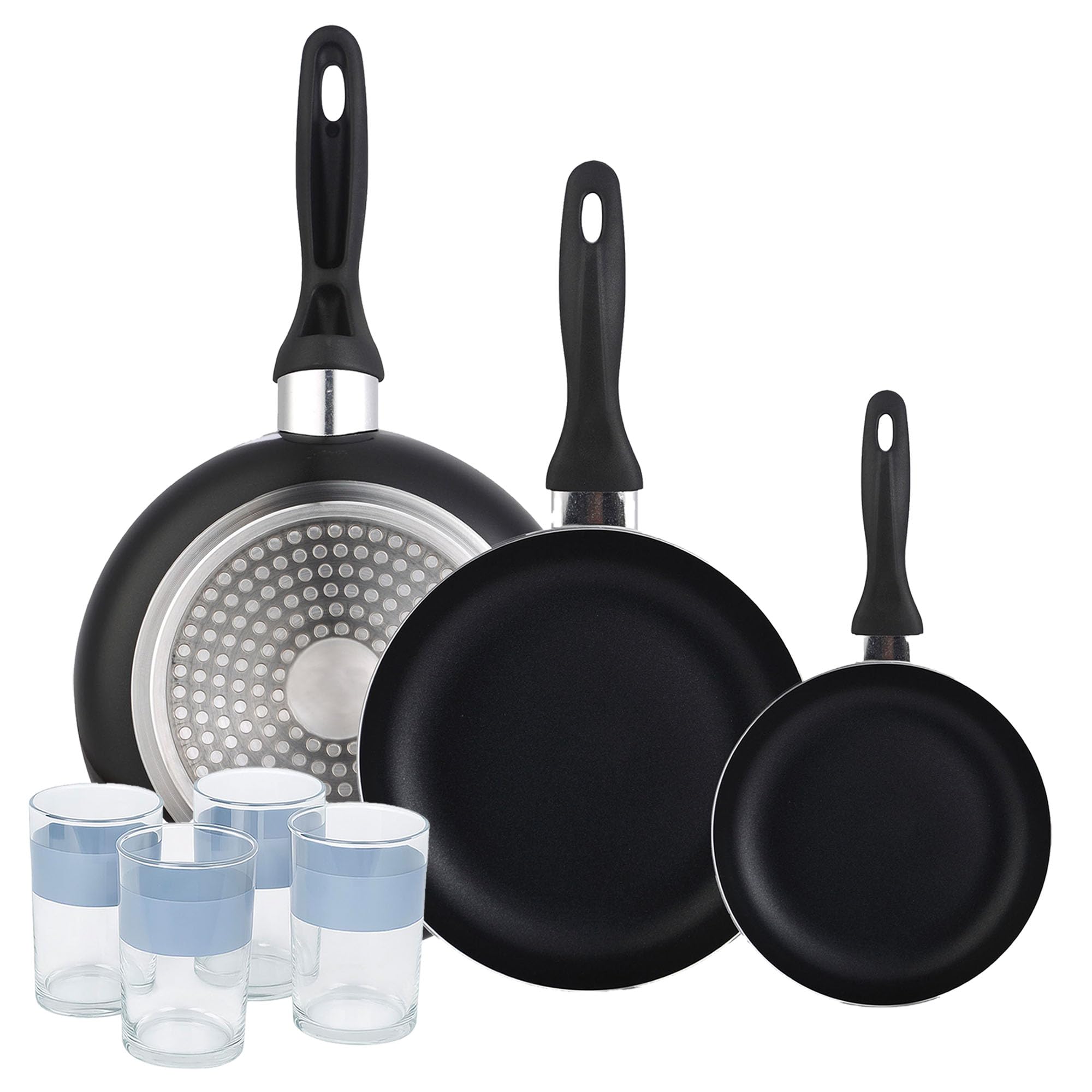 Poêles Wellhome 16/20/24 légères en aluminium pressé et 4 grands verres solides