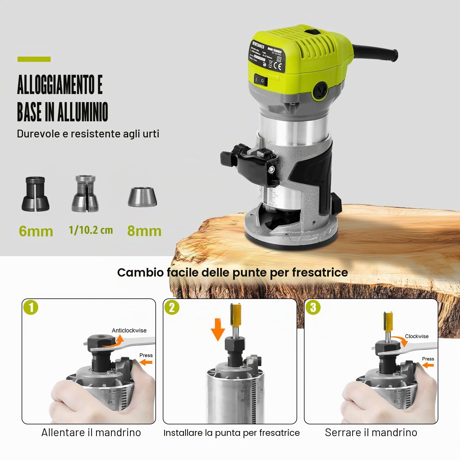 DEWINNER Router Edge Router 710 W 13000 – 33000 RPM, 6 livelli di velocità, 3 morsetti da 1/4" e 8 mm, laminatore professionale con 15 pezzi di taglierino per carburo