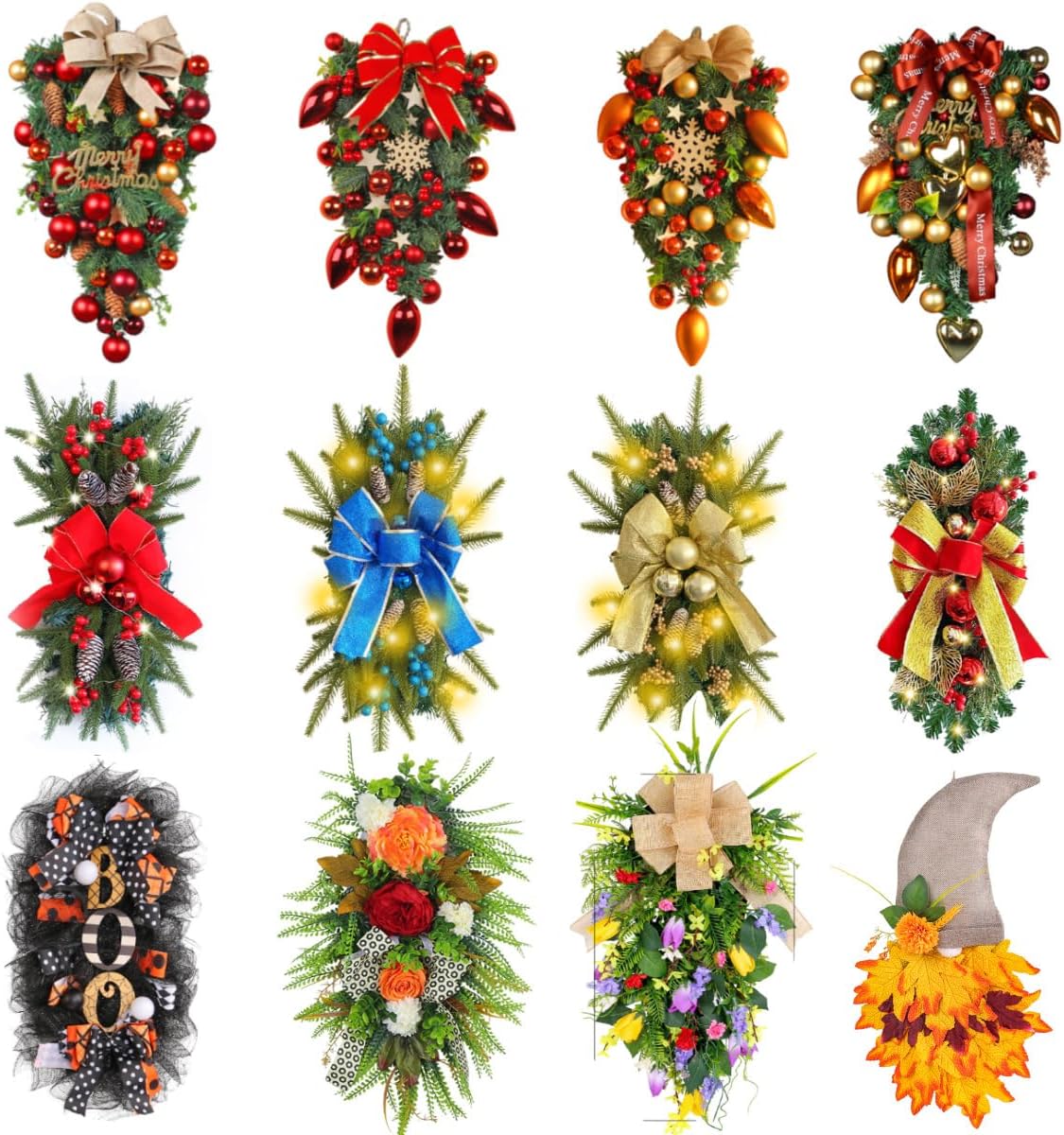 BaronHong Christmas Swag Front Door 20" Ball Ribbon Pinecone Teardrop Artificial Pine Garland Wreath Wall Window Fireplace