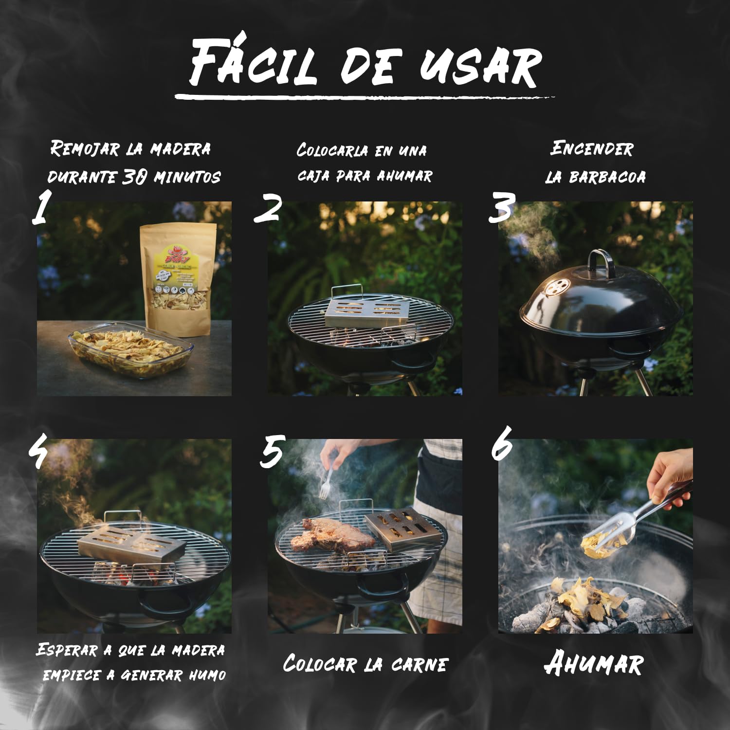 BWAY virutas de Madera para ahumar – Madera Barbacoa para Ahumado de Cerdo, Pescado, Frutas y Verduras – Madera de Ahumado con Aromas de Olivo, Naranjo, Almendro, Limón, Nogal y Roble (6×1 L)