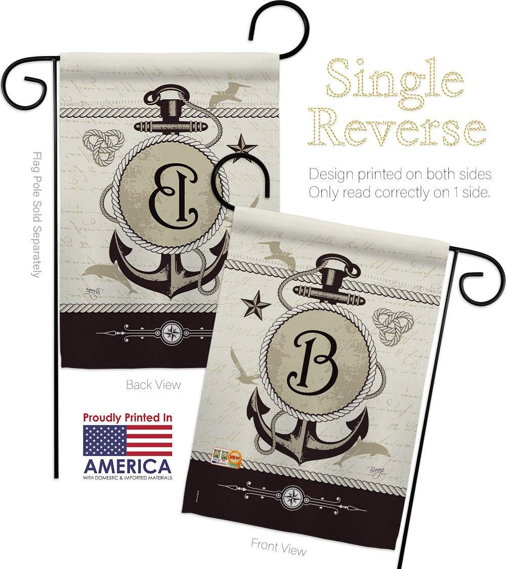 Nautical B Initial Garden Flag Set Wall Holder Monogram Coastal Anchor Sailor Sea Shells Outdoor Summer Ocean Small Decorative Gift Yard House Banner Made In USA 13 X 18.5