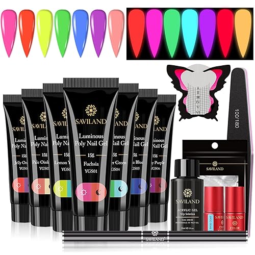 Miniatura 1 de Saviland Kit de gel de uñas de polietileno que brilla en la oscuridad kit de uñas de gel de neón de 7 colores kit de gel de extensión de uñas de
