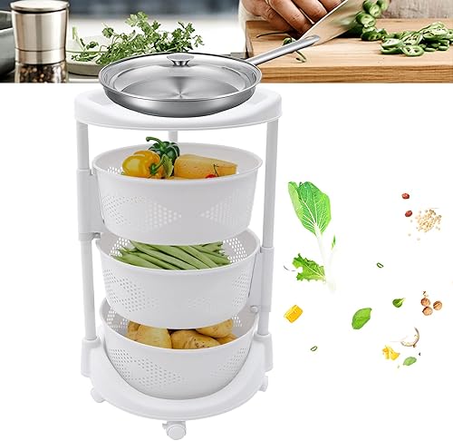 Miniatura 3 de DYRABREST Estante de almacenamiento de cocina blanco, organizador de verduras giratorio de 3 niveles con ruedas bloqueables, estante de
