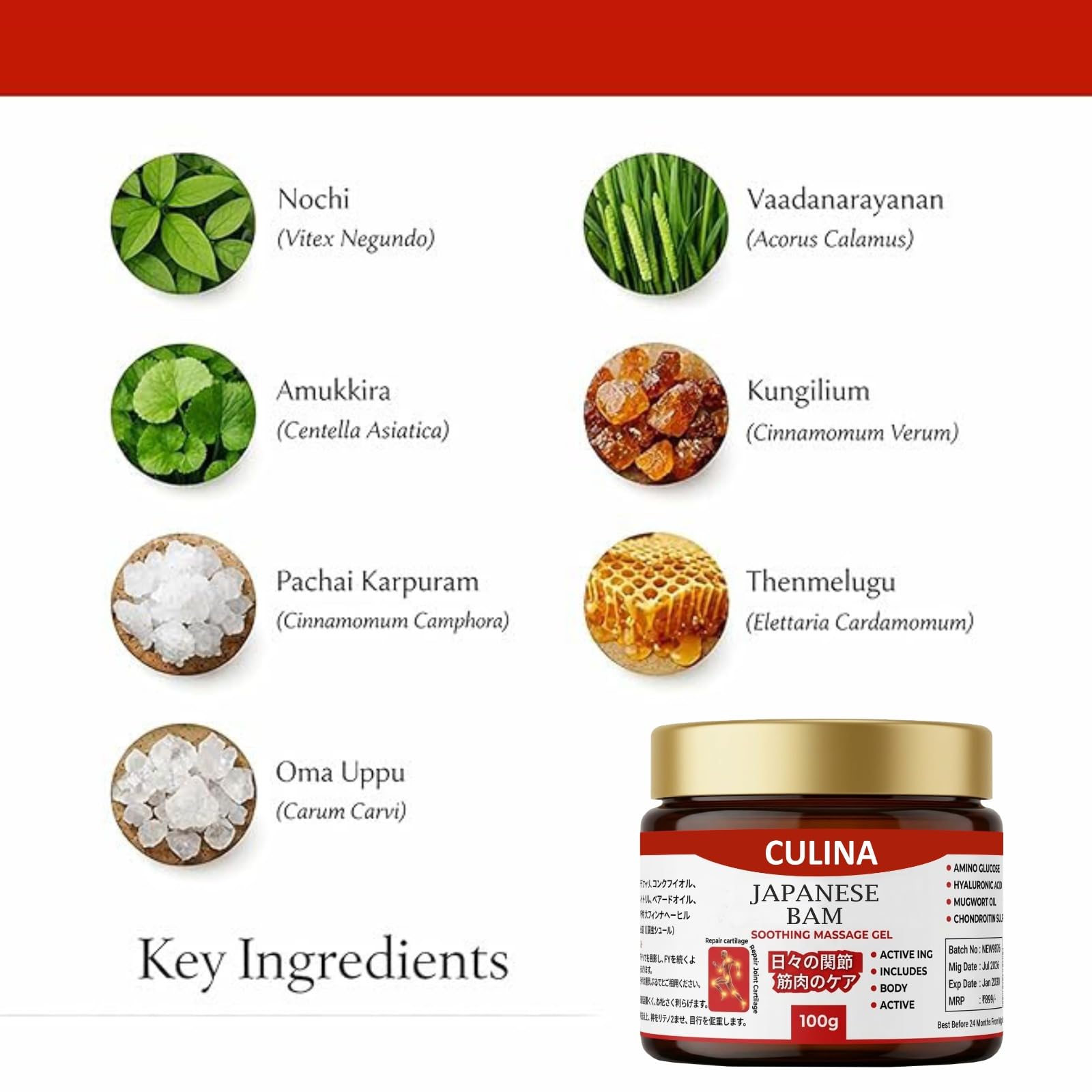 Culina Japanese Formula Soothing Massage Gel for Joint & Muscle Pain Relief | Herbal Arnica & Mugwort Extract | Fast Absorbing Back, Neck, Knee & Leg Pain Relief Balm | Non-Greasy Muscle Gel 100g