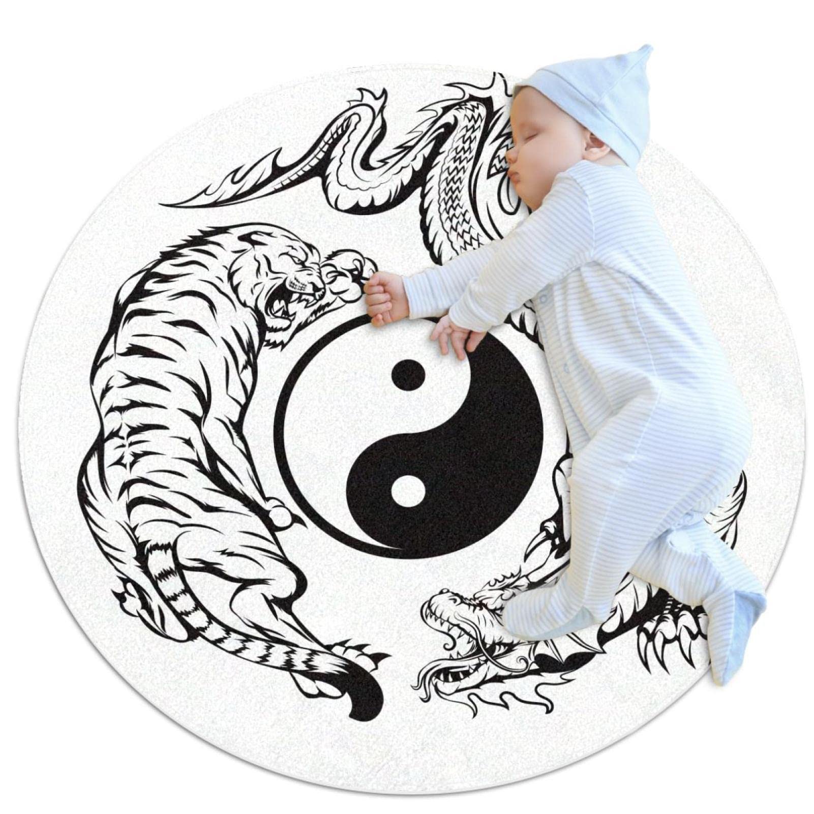 Tapis de salle de bain dragon combattant tigre rond 1m chambre coucher