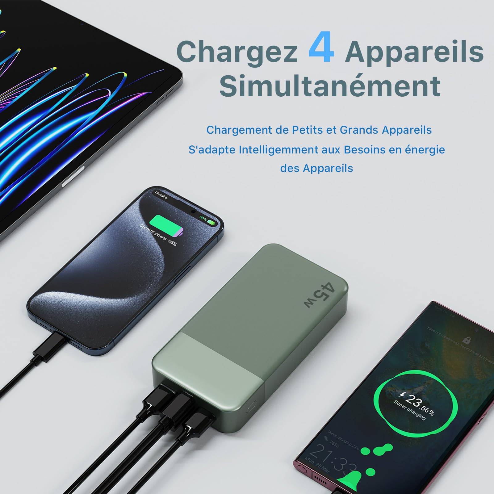 Nobis Batterie Externe 20000mAh Power Bank 45W Chargeur Externe Portable USB-C in & Out Charge Rapide, 4 Ports avec Affichage Numérique LED, Compatible avec MacBook, Phone 15 14 13 Pro S23 (Vert)