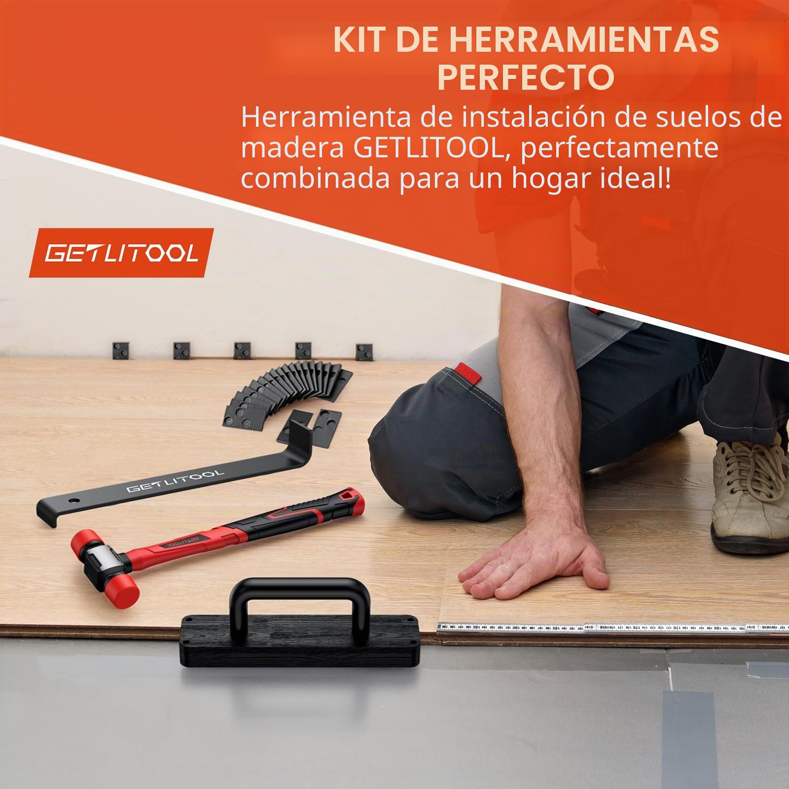 GETLITOOL Kit de instalación de suelos de madera laminada, herramientas de suelo con mazo de doble cara, herramienta de suelo laminado con barra de tracción, bloque de golpe sólido (B)