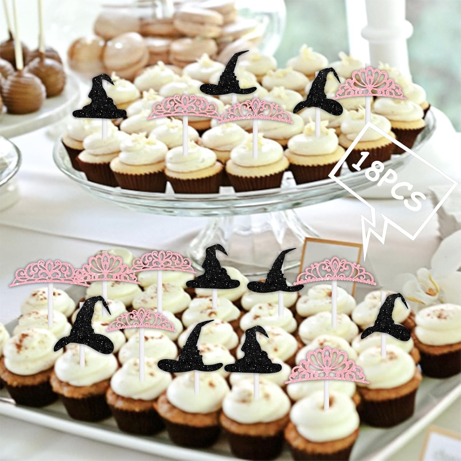 18pcs Black Pink Glitter Witch Hat Crown Dessert Cupcake Topper Pick for Princess Witch Party Theme Decor Supplies Men Women Boys Girls Happy Birthday Party Decoration
