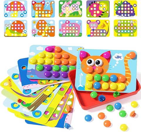 AMOSTING Steckspiel ab 2, Spielzeug ab 2 und 3 Jahre | Farblernspiel mit 47 Knöpfen, 20 Bildvorlagen, 1 Stecktafel und 1 Aufbewahrungsschale, Kinderspiele zum Lernen von Farben,