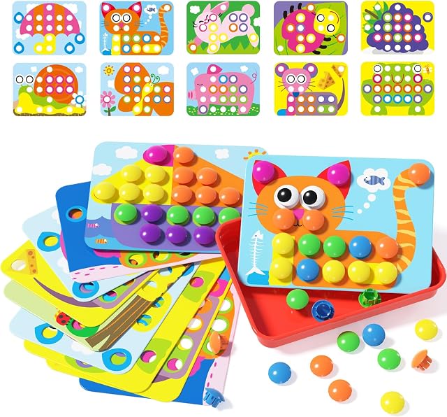 AMOSTING Steckspiel ab 2, Spielzeug ab 2 und 3 Jahre | Farblernspiel mit 47 Knöpfen, 20 Bildvorlagen, 1 Stecktafel und 1 Aufbewahrungsschale, Kinderspiele zum Lernen von Farben,