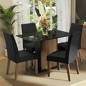 Conjunto Sala de Jantar Mesa Tampo de Vidro 4 Cadeiras Rustic/preto/oxford Zion Madesa