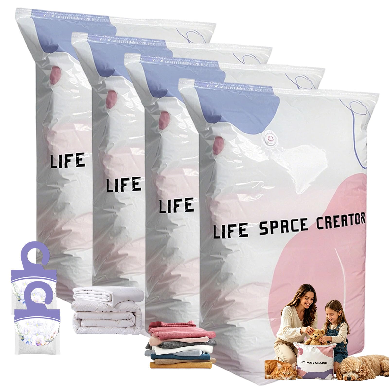 No Pump 3D Vacuum Storage Bags, No Pump Large Vacuum Storage Compression Bags, Reusable, Dust-Proof, Airtight Seal Moisture-Proof, Space Saver, For Clothes Duvet Travel and Home (4L)