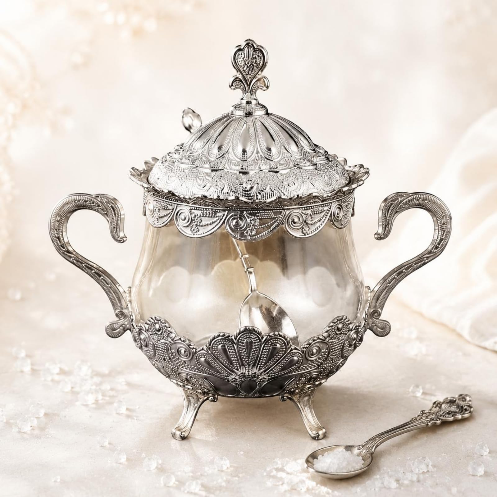 Zuccheriera con Coperchio Stile Europeo Zuccheriera Decorata Finitura Finitura Argento Accessorio Tavola per Ristorante, Argento