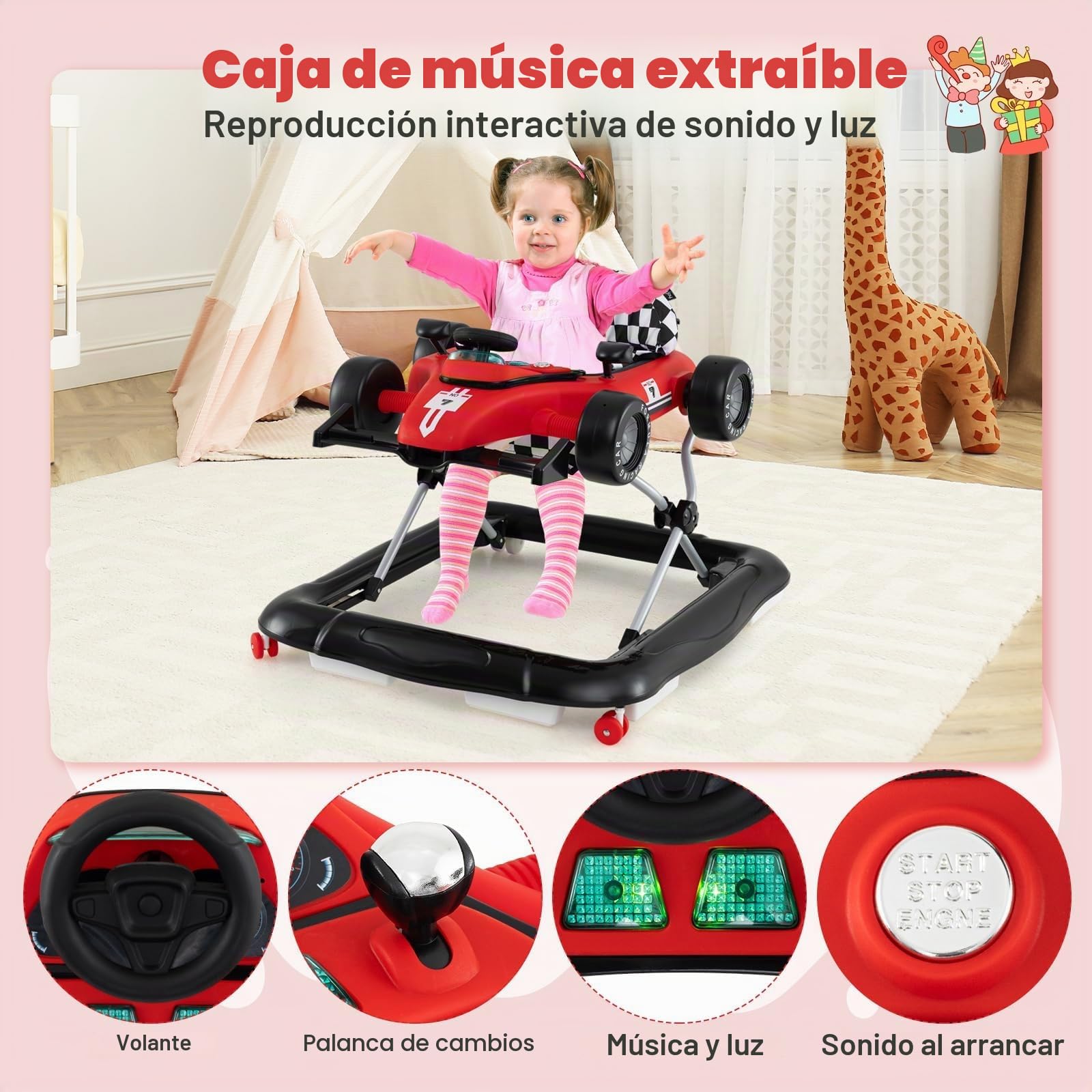 FANTASK Andador plegable 4 en 1, altura ajustable, con volante y caja de música, carrito con ruedas, para bebés de 6 a 18 meses