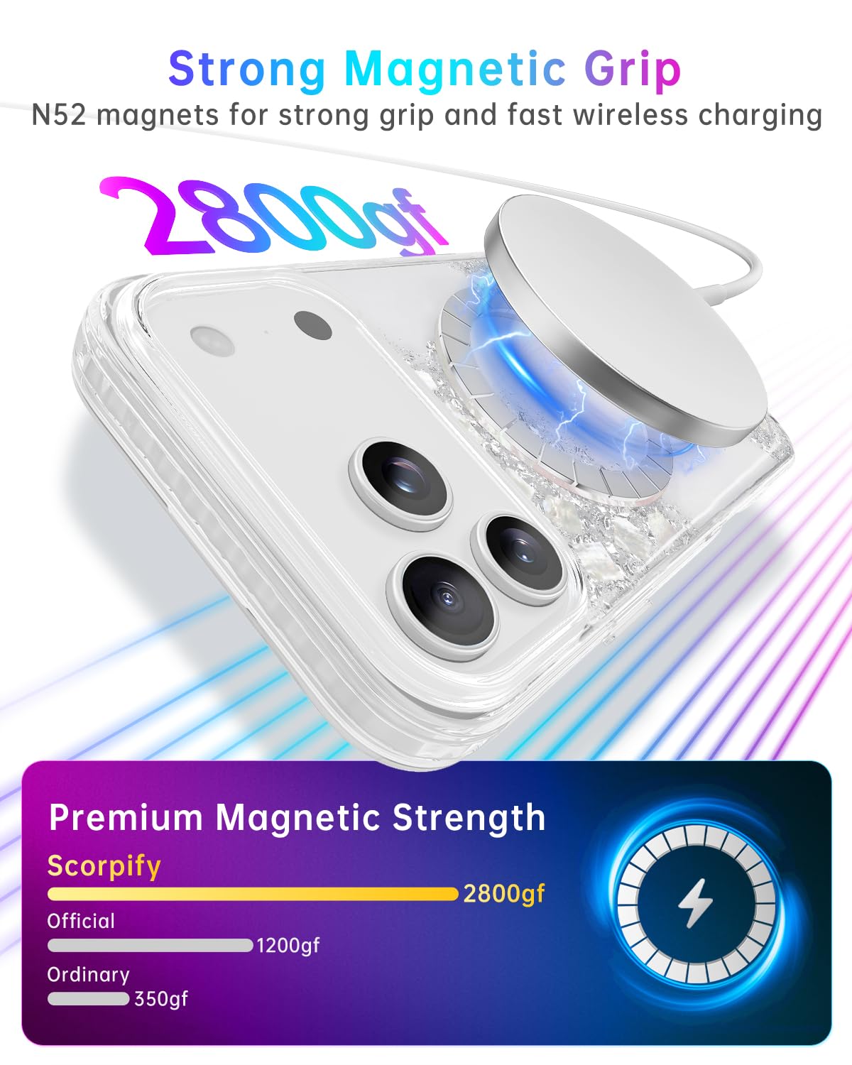 SCORPIFY Funda Compatible con iPhone 17 Pro [Compatible con MagSafe] con Brillo Perlado Brillante, Funda magnética Transparente para Mujeres, diseño de láminas Plateadas Brillantes y nácar