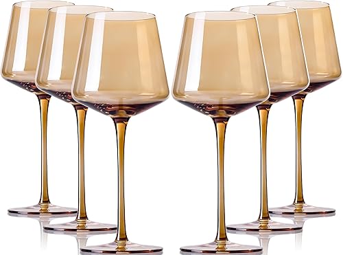 Juego de 6 copas de vino de color ámbar, copas de vino de cristal coloridas con tallo largo y borde delgado, copas de vino de colores modernos para