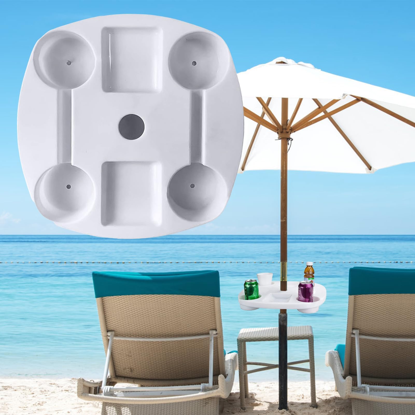 Mesa de sombrilla de playa con soporte extraíble de 14.5 pulgadas, soporte multiusos para tazas, bandeja de alimentos, base de montaje estable, accesorio al aire libre para picnics y camping