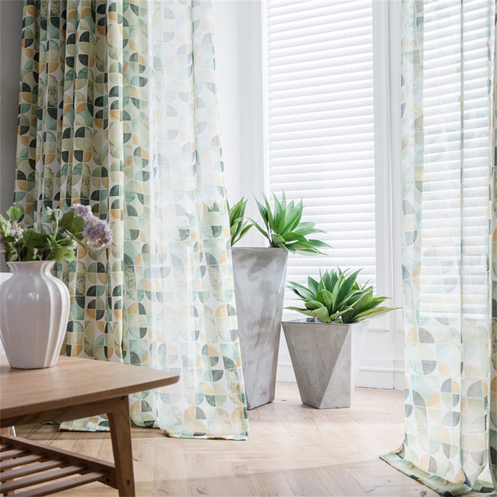 2 Pièces Rideaux Voilage Géométrie Verte Voilages Intérieurs à Broderie, Imprimé Floral Semi-Transparent Voile à Oeillets Rideau Décoration Tamisante de Salon Cuisine Chambre 2x140x220CM