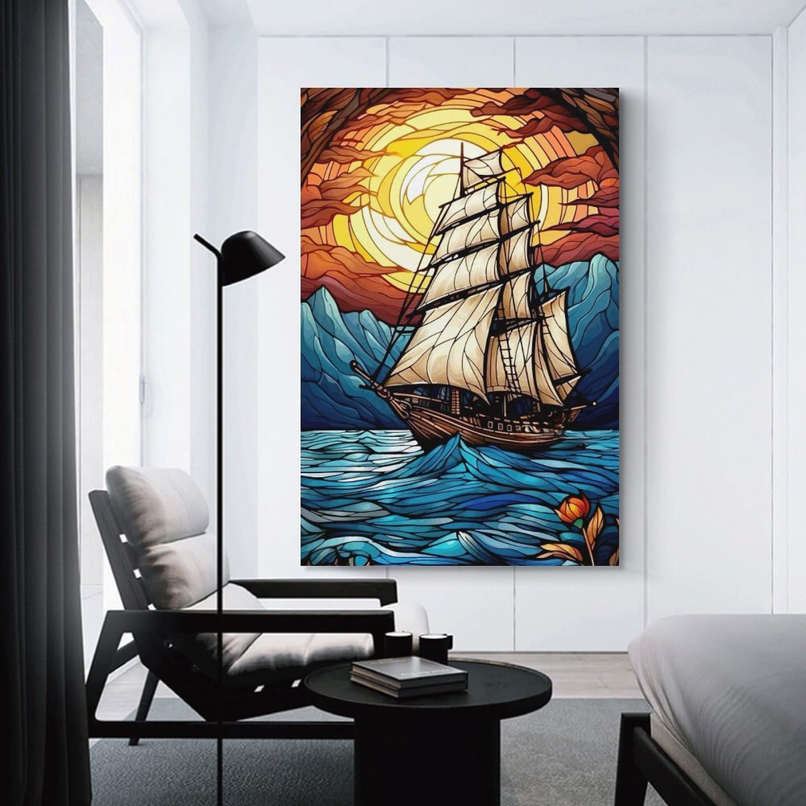 Junmoney Unframe-Style-16 Stained Glass Sailboat At Sunset Wall Art Print, 08X12inch(20X30cm), For Office, Study Or Home Workspace, Decorative Artwork For Productive Spaces