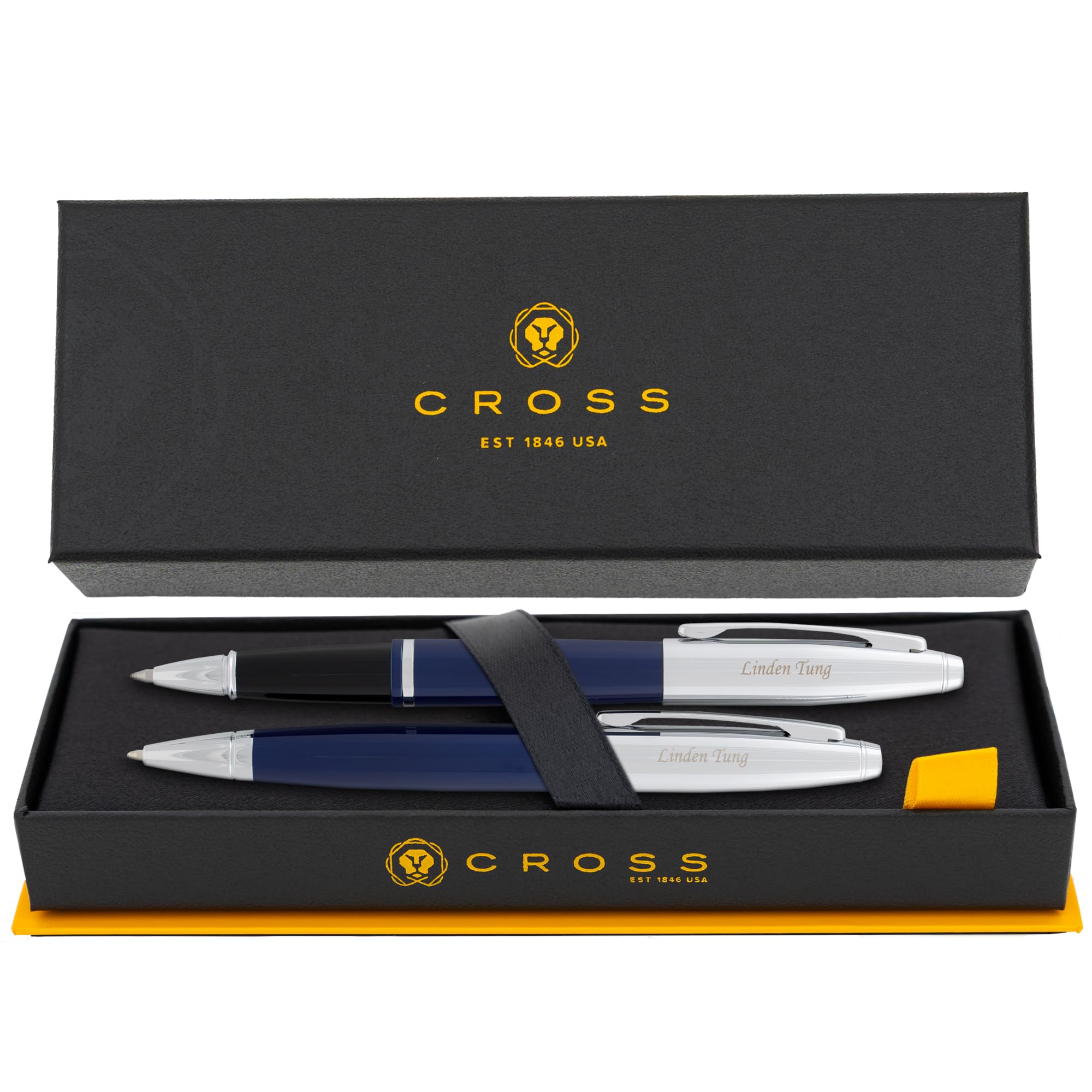 Cross Pen Set | Engraved Cross Calais Twist Action Ballpoint and Capped Rollerball Double Pen Gift Set with Case - Blue Laquer with Chrome Trim.