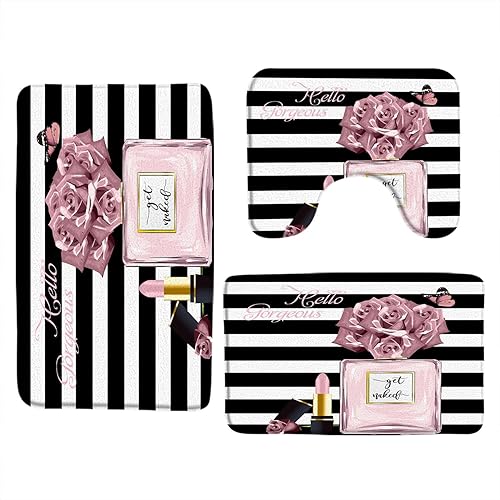 Miniatura 6 de Juego de 3 alfombras de baño, color rosa, perfume, flor, tapete de baño con diseño de flores de Hello Gorgeous lápiz labial, maquillaje a la moda,