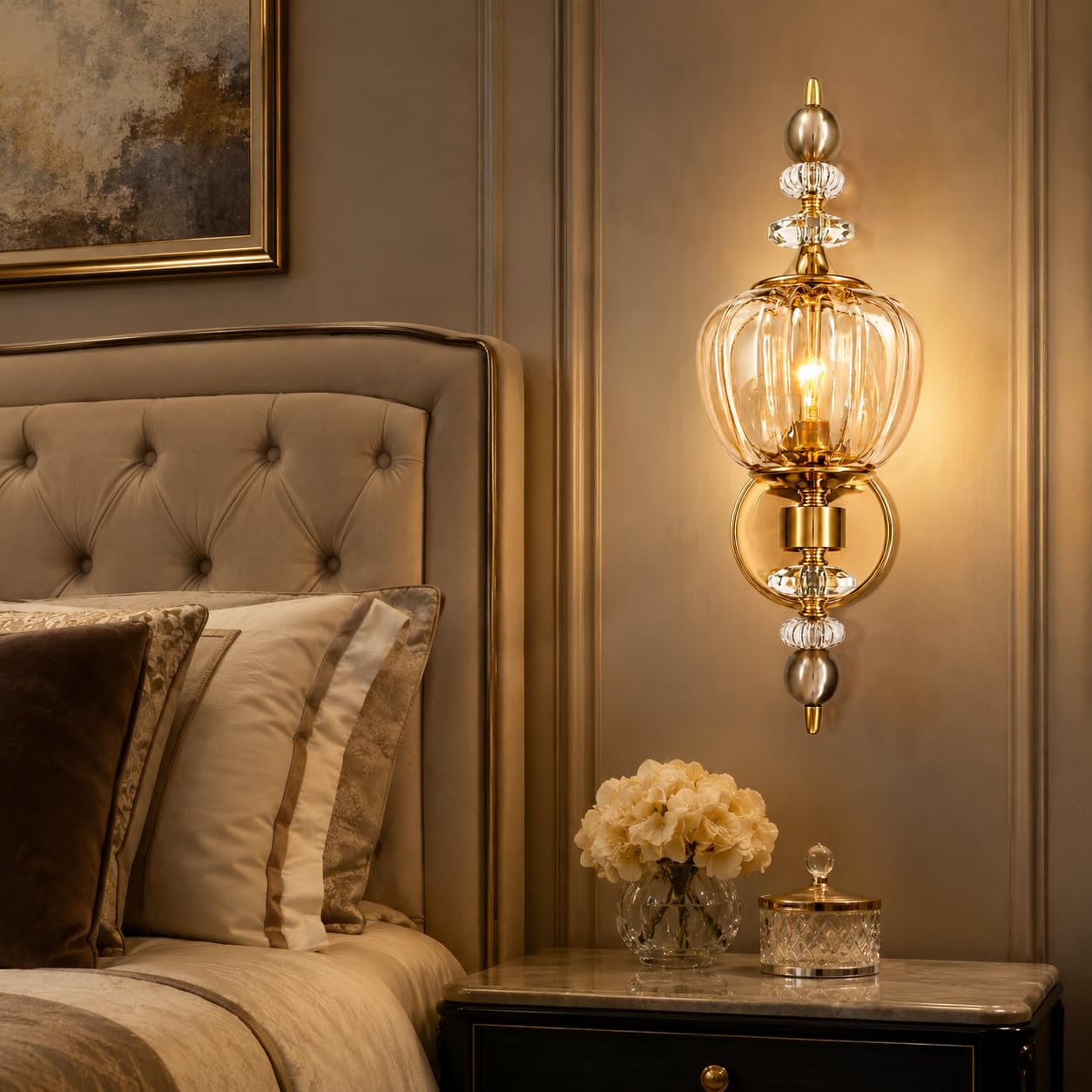 TRIPPING Golden Decorative Wall Lamp with Amber Ribbed Glass Shade, Crystal Accent Detail, Warm Light Glow, Single Wall Mounted Fixture for Living Room, Bedroom, Hotel, Hallway and Café Décor-image-43