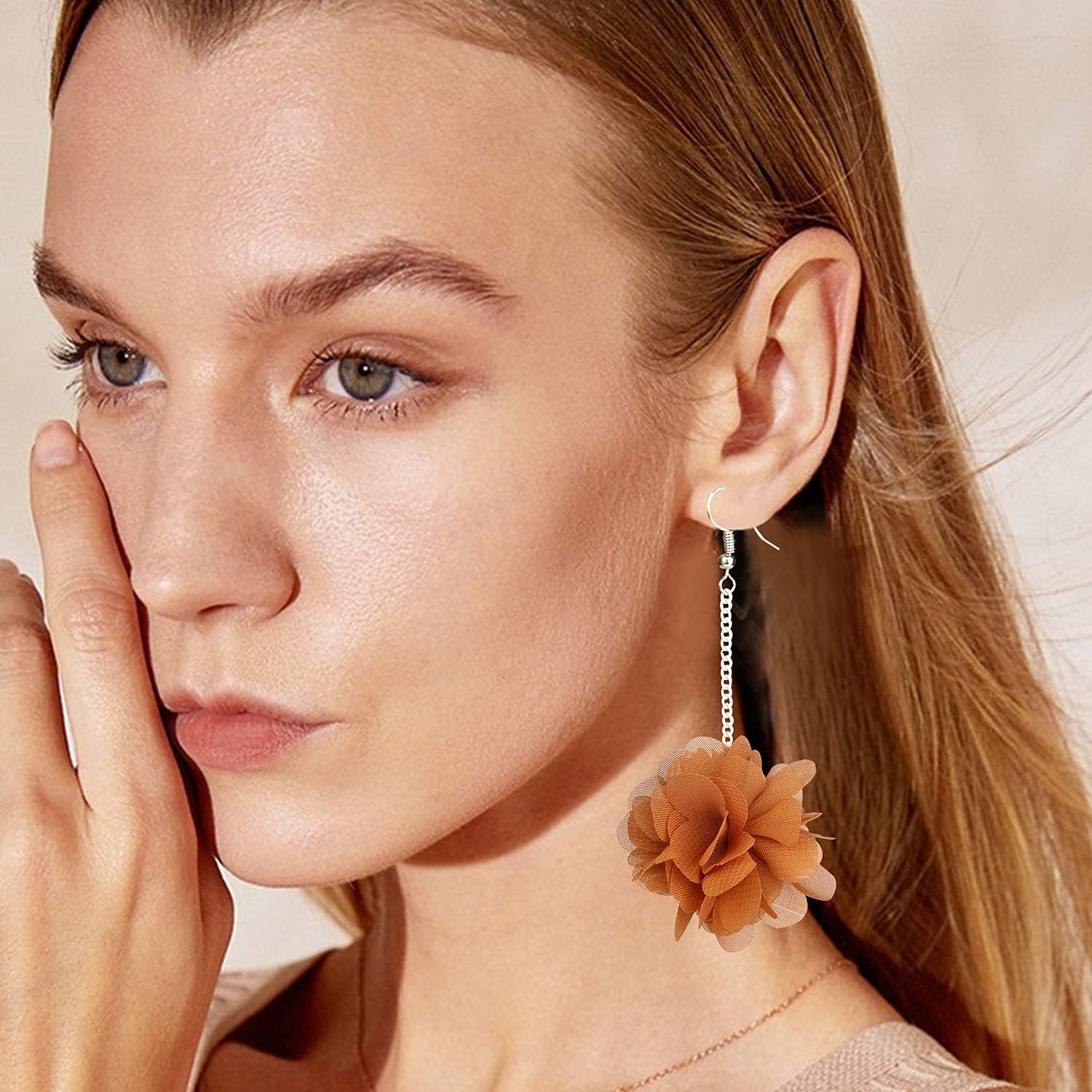 Bohemian Big Fabric Flowers Dangle Drop Earrings Multicolor Handmade Lightweight Charm Chic Petal Hoop Earrings with Chiffon Floral Tassel for Women - Image 3