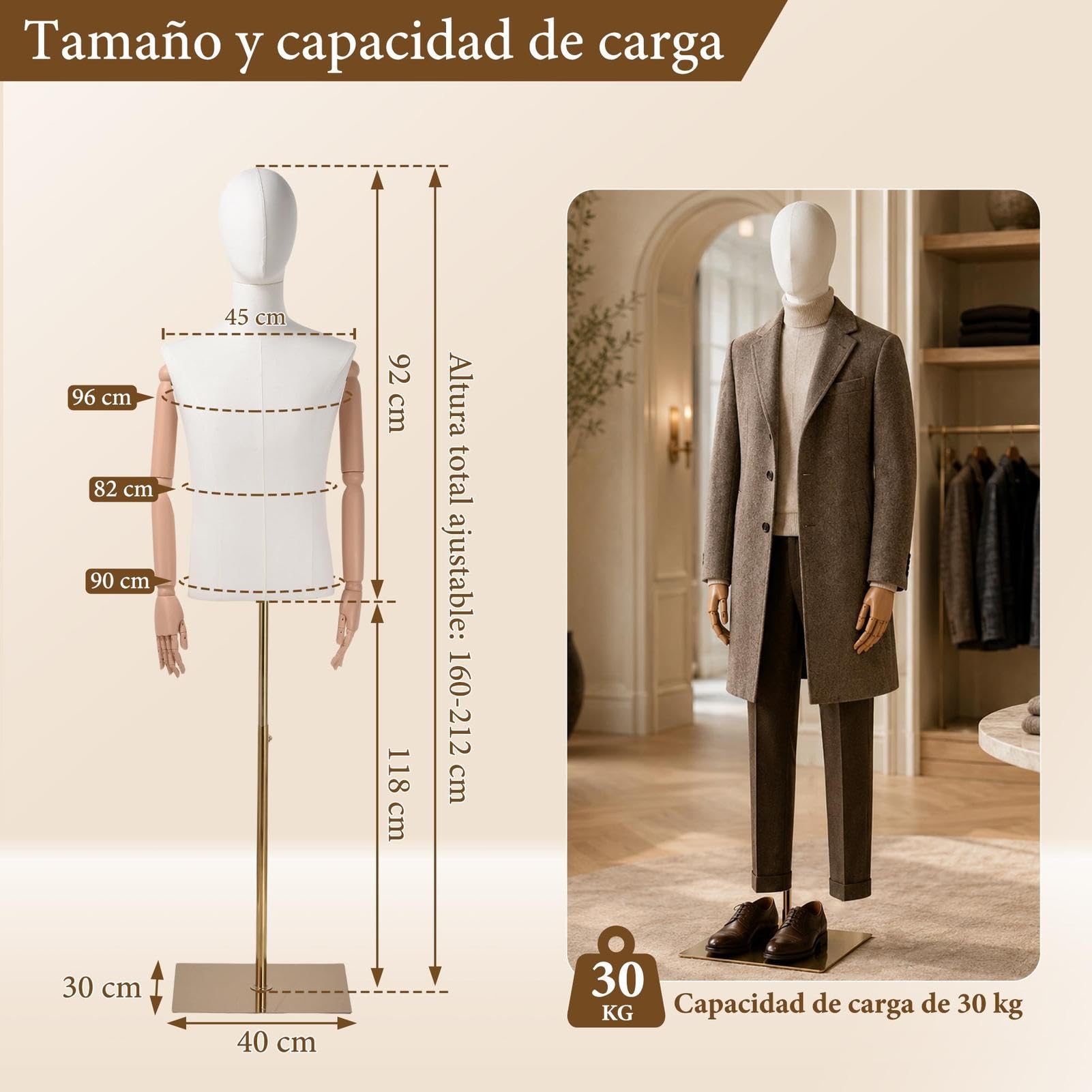 Maniqui Hombre Medio Cuerpo Ajustable 160-212 cm Capacidad de 30 kg | Brazos Robustos Tapicería de Terciopelo – para Boutiques