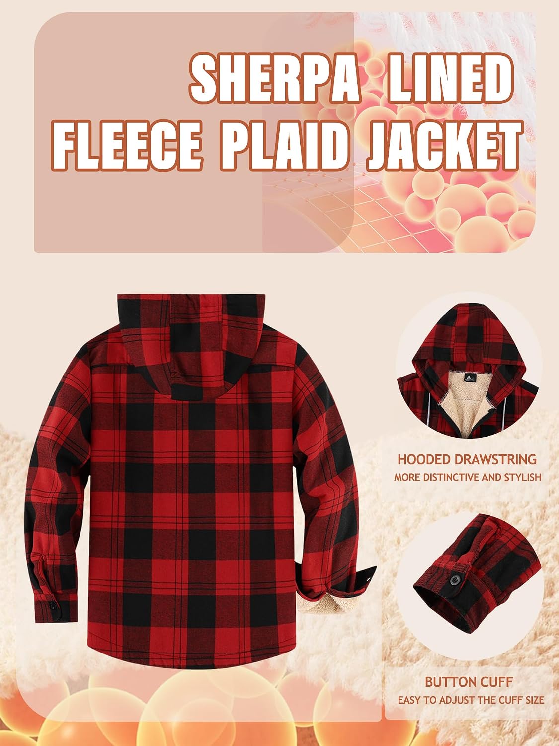 ZITY Men's Flannel Shirt Jacket Plaid Cotton Hoodie Coat